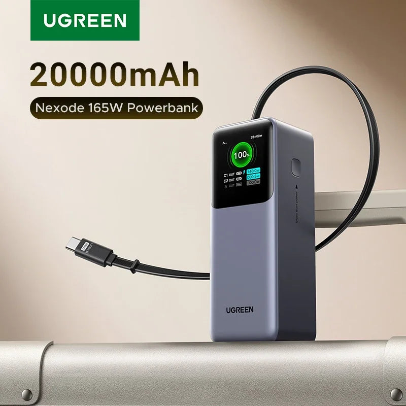 UGREEN Nexode 165W Power Bank 20000mAh Chargeur Portable 100W Max PD3.0 Batterie Externe Câble Intégré pour Ordinateur Portable Téléphone Portable