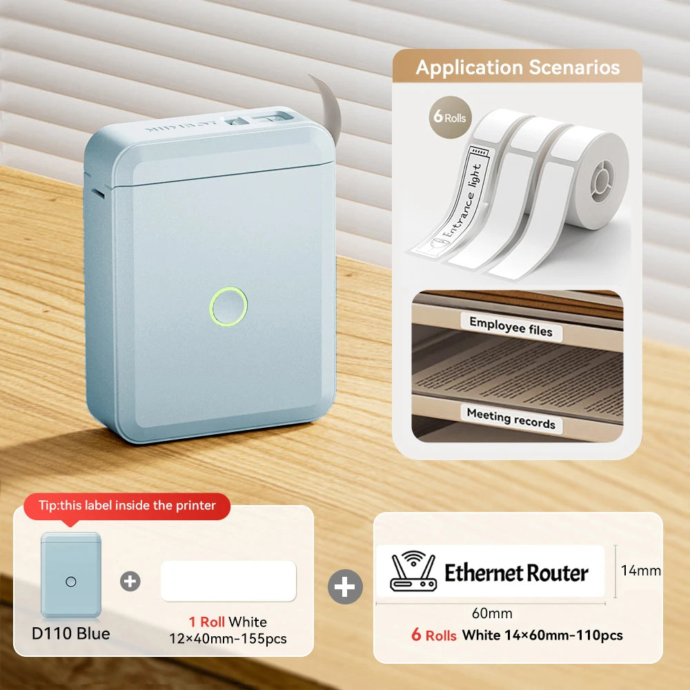 Niimbot D110 Mini Thermo-Etikettendrucker – Bluetooth, Tintenfrei, 203dpi, USB-C | iOS & Android | CE/FCC/RoHS | 3 Farben