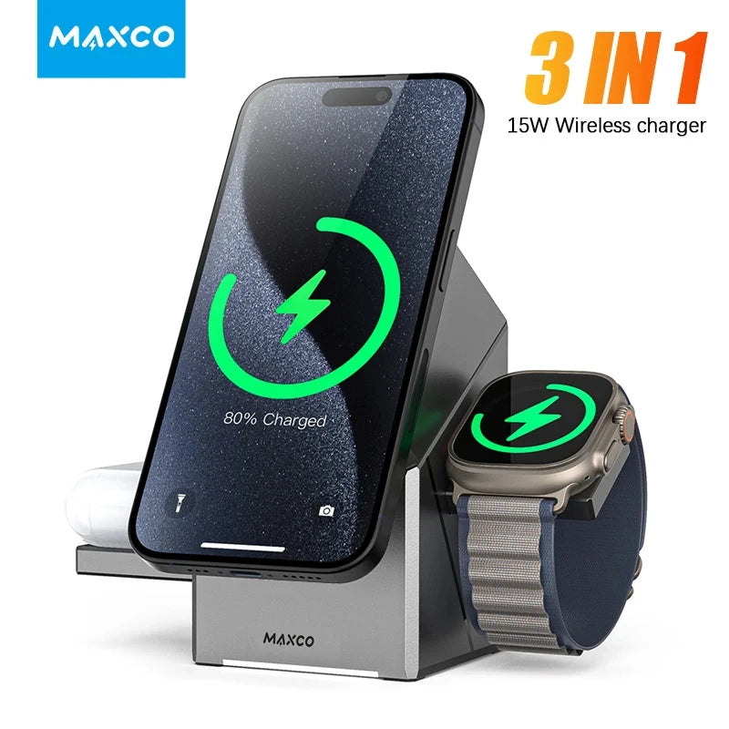 Qi2 3-in-1 Wireless Ladestation 15W – Magnetisch, für iPhone, Apple Watch & AirPods, CE