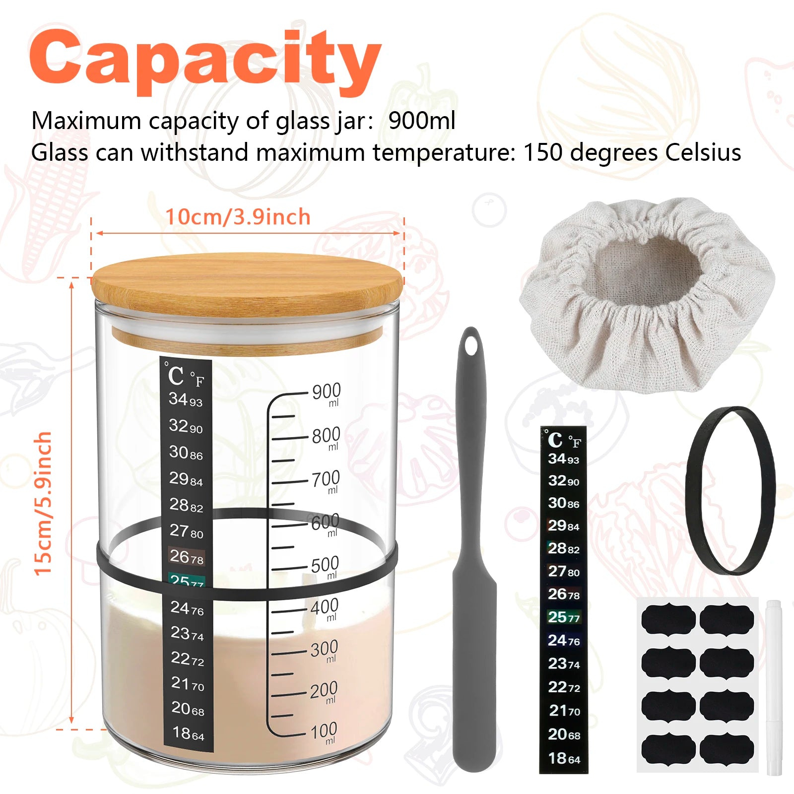 900 ml Sauerteig-Starterglas-Set, klares Glas, hitzebeständig, Sauerteig-Starterbehälter, Backen, Gärglas, Lebensmittelaufbewahrung