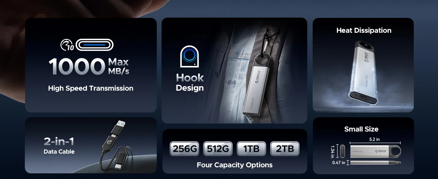 ORICO 1 TB externe SSD bis zu 1050 MB/s Design zum Aufhängen, tragbares Solid-State-Laufwerk, PSSD für Tablets, Laptops, C10