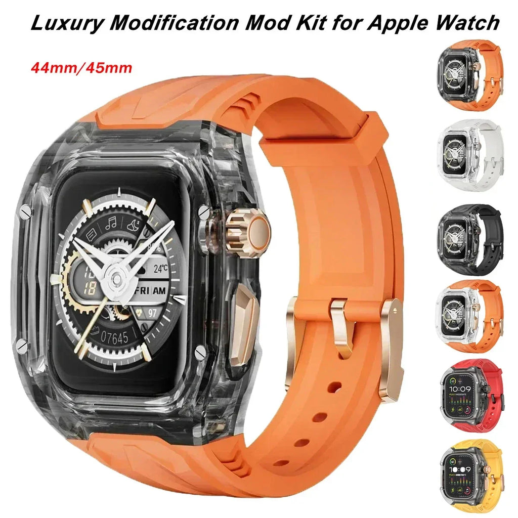 Luxuriöses Modifikations-Mod-Kit für Apple Watch Band-Gehäuse 8 7 45 mm, transparente Lünette, TPU-Armband für IWatch SE 6 5 4 44 mm
