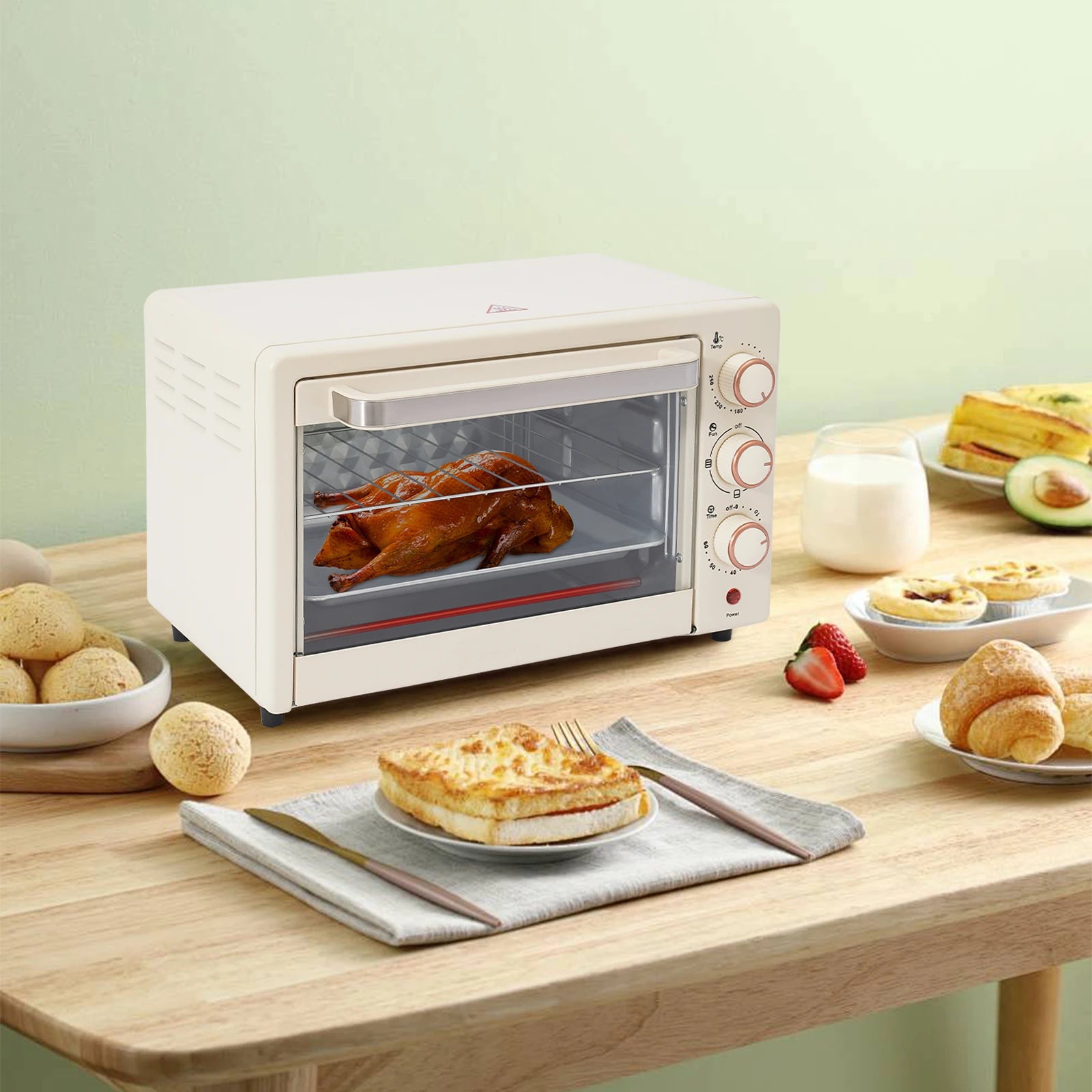22-Liter-Miniofen kompakt mit Pizza-Funktion und Sichtfenster, 120 ° C bis 250 ° C, 60-Minuten-Timer, 1000 Watt, in Weiß