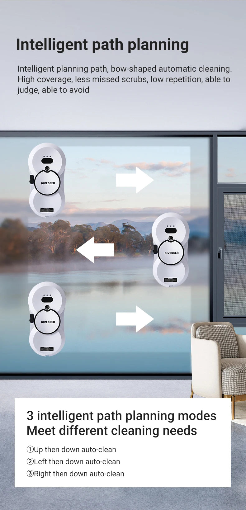 DIVEDEER Weißer/schwarzer Fensterputzroboter, elektrischer Fensterputz mit hoher Saugkraft, doppelseitiger Glasstaubsauger, Wasserspray