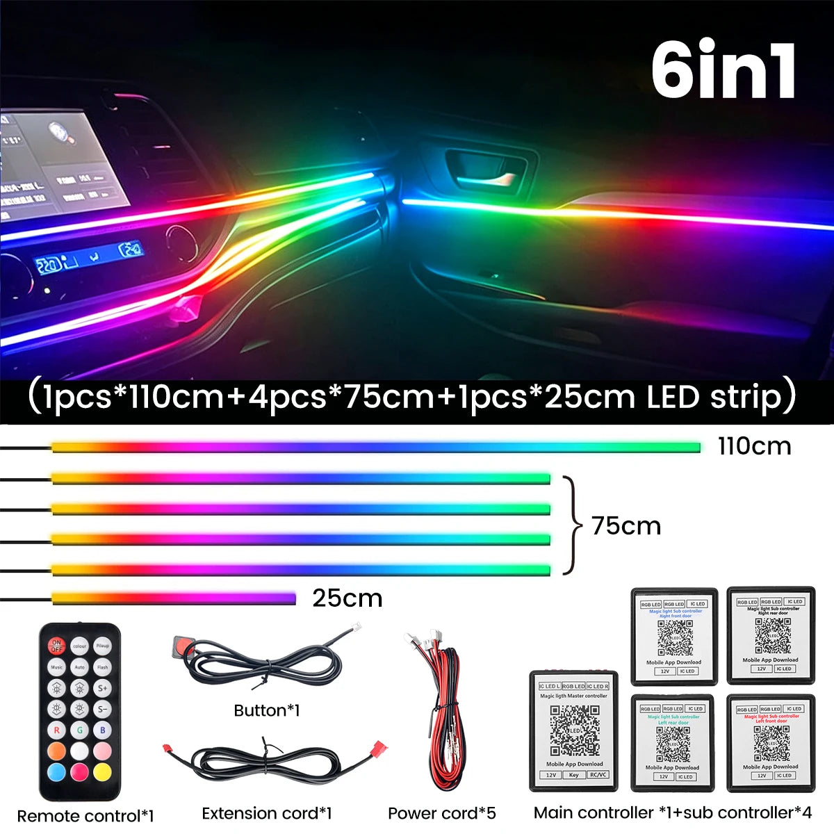 VASTFIRE Starlight Auto-Ambientebeleuchtung – Glasfaser-Fußmatten, RGB-Lichtleiste & Faserlampen | App & Fernbedienung | CE & RoHS