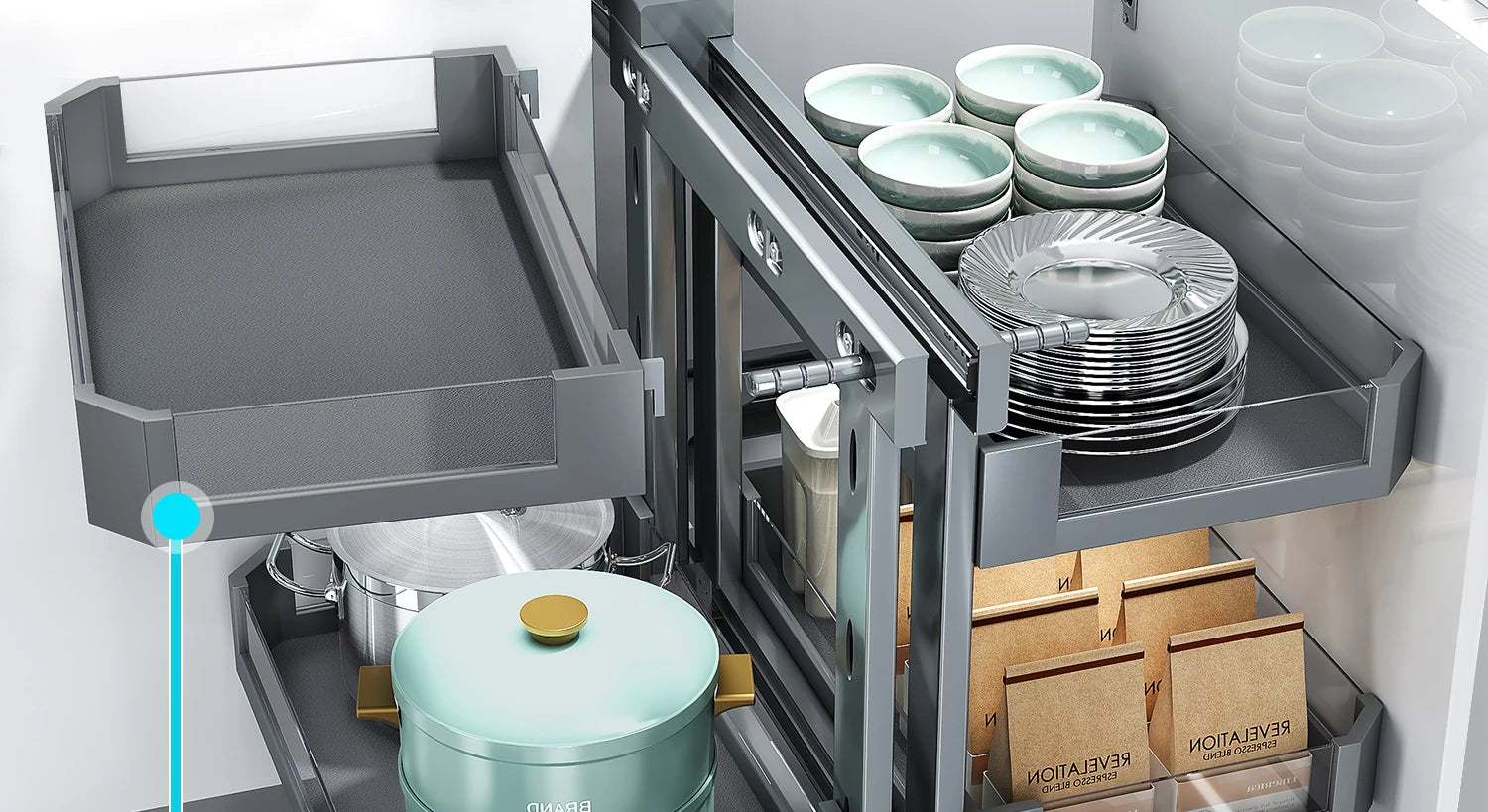 Eckkorb, Küchenschrank, komplett ausziehbar, Aufbewahrungsregal mit zwei Schubladen, Eckkorb