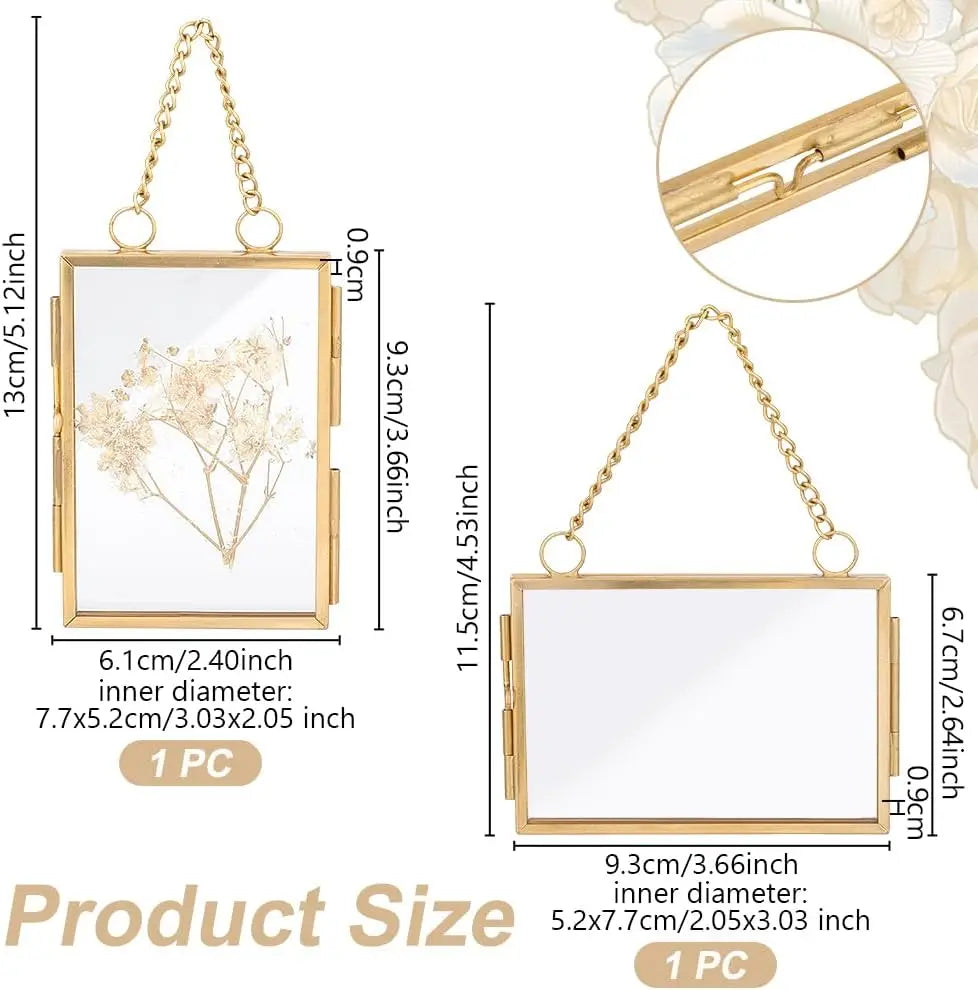 2 Stile Mini-Fotorahmen zum Aufhängen, doppelter Glas-Schwimmrahmen mit Kette, goldfarbener Klapprahmen, Kunstwerk-Ausstellungsrahmen für gepressten