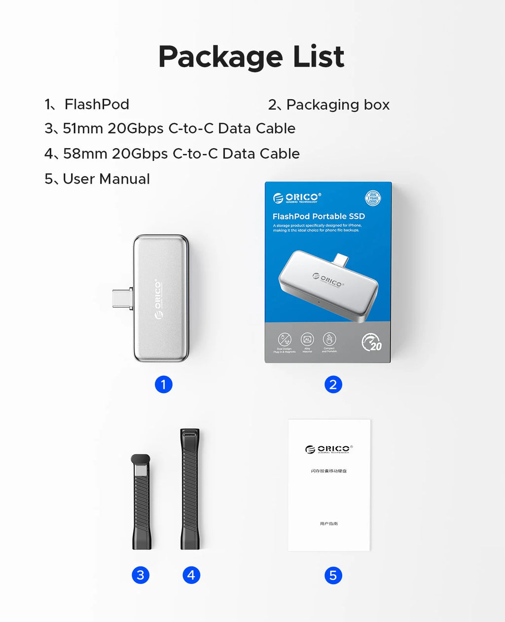 ORICO FlashPod 1 TB MINI magnetische tragbare SSD bis zu 2000 MB/s ProRes mit Direktstecker für iPhone 15 16 Serie, Tablets, Laptop
