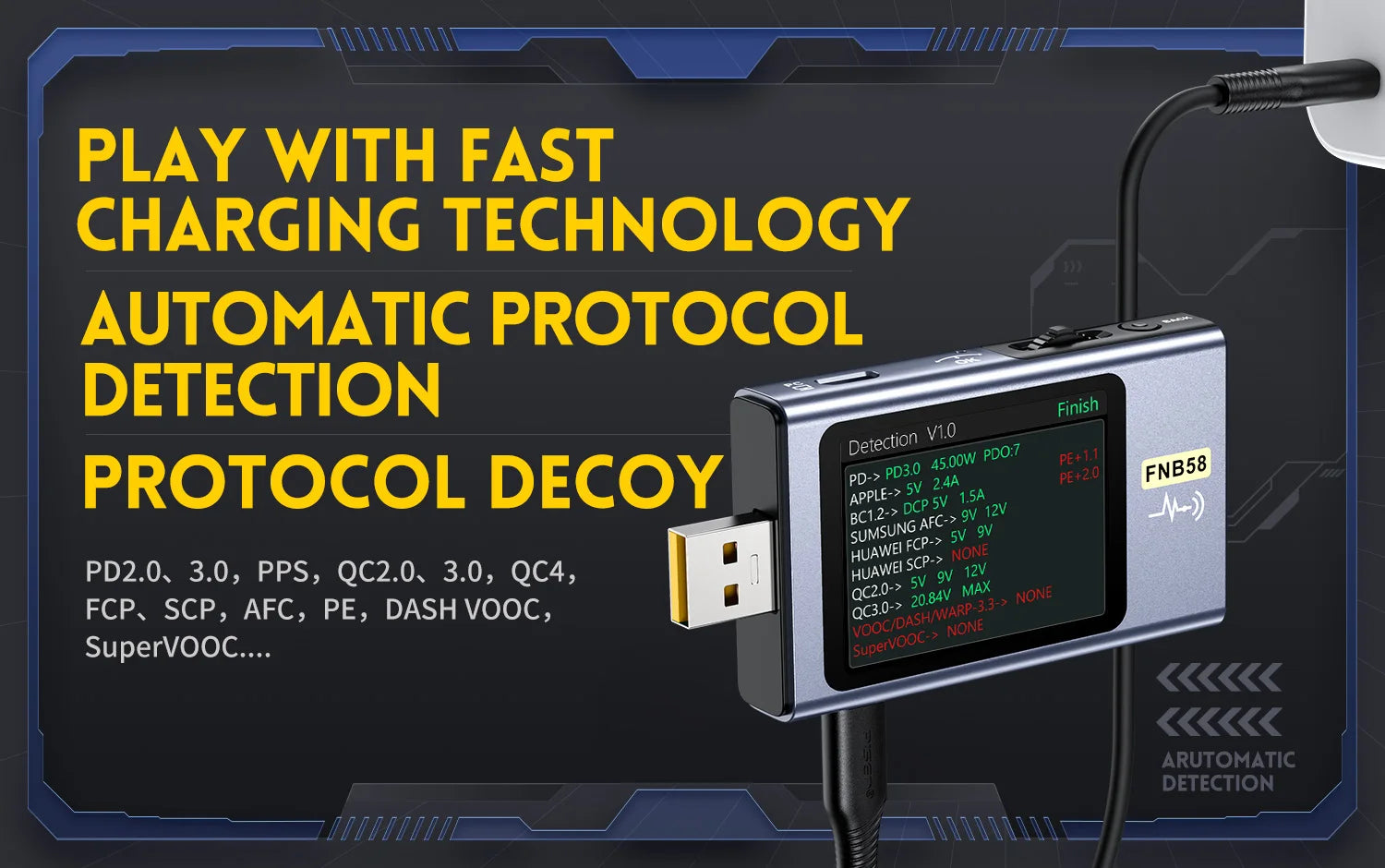 FNB58 USB-Tester, Voltmeter, Amperemeter, Typ C, Schnellladungserkennung, Auslöser, Kapazitätsmessung, Welligkeitsmessung