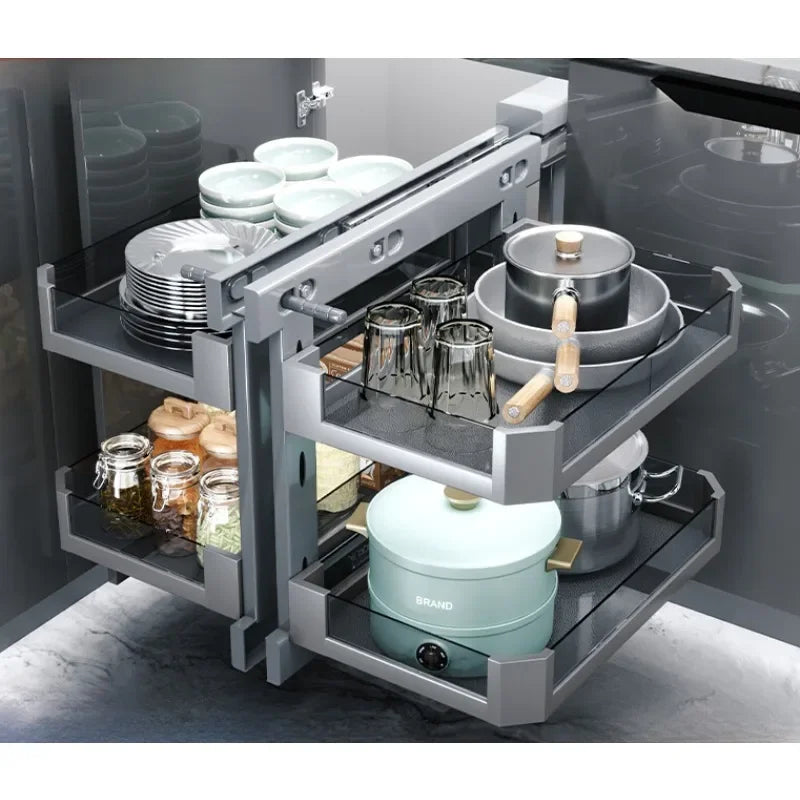 Eckkorb, Küchenschrank, komplett ausziehbar, Aufbewahrungsregal mit zwei Schubladen, Eckkorb