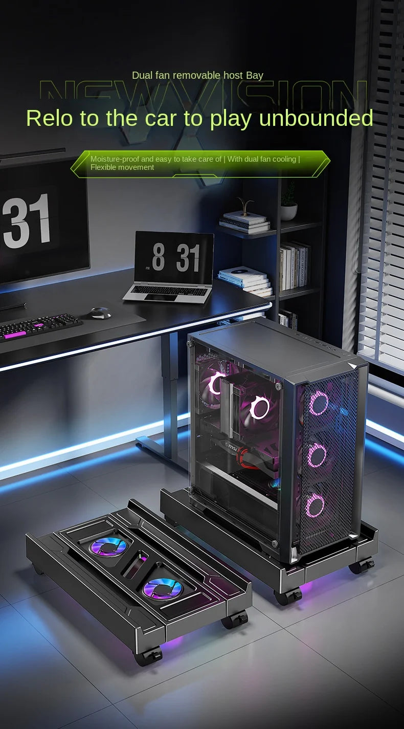 Mobiler PC-Turmständer, verstellbarer Computer-CPU-Halter, Teleskop-Desktop-Ständer, CPU-Wagen mit RGB-Lüfter, Wärmeableitung