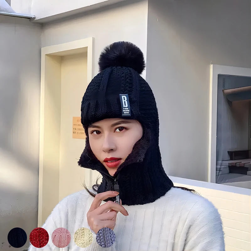 Damen-Woll-Strick Mütze, Ski mütze, wind dicht, für Winter, gestrickt, dick, siamesisch, Schal kragen, warm