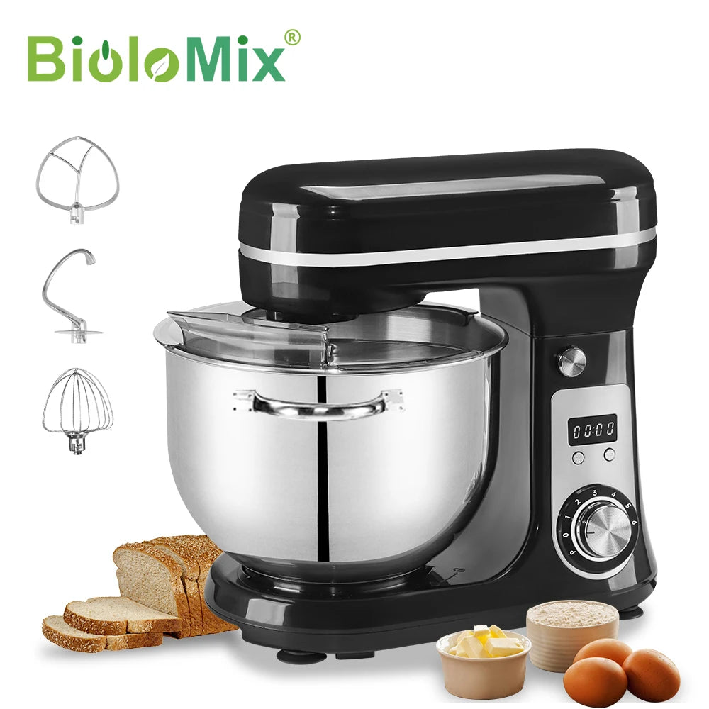 BioloMix Küchen-Lebensmittel-Standmixer, Mixer, leiser Motor, Sahne-Ei-Schneebesen, Peitsche, Teigkneter, 6 Geschwindigkeiten, 1200 W, 6 l, DC