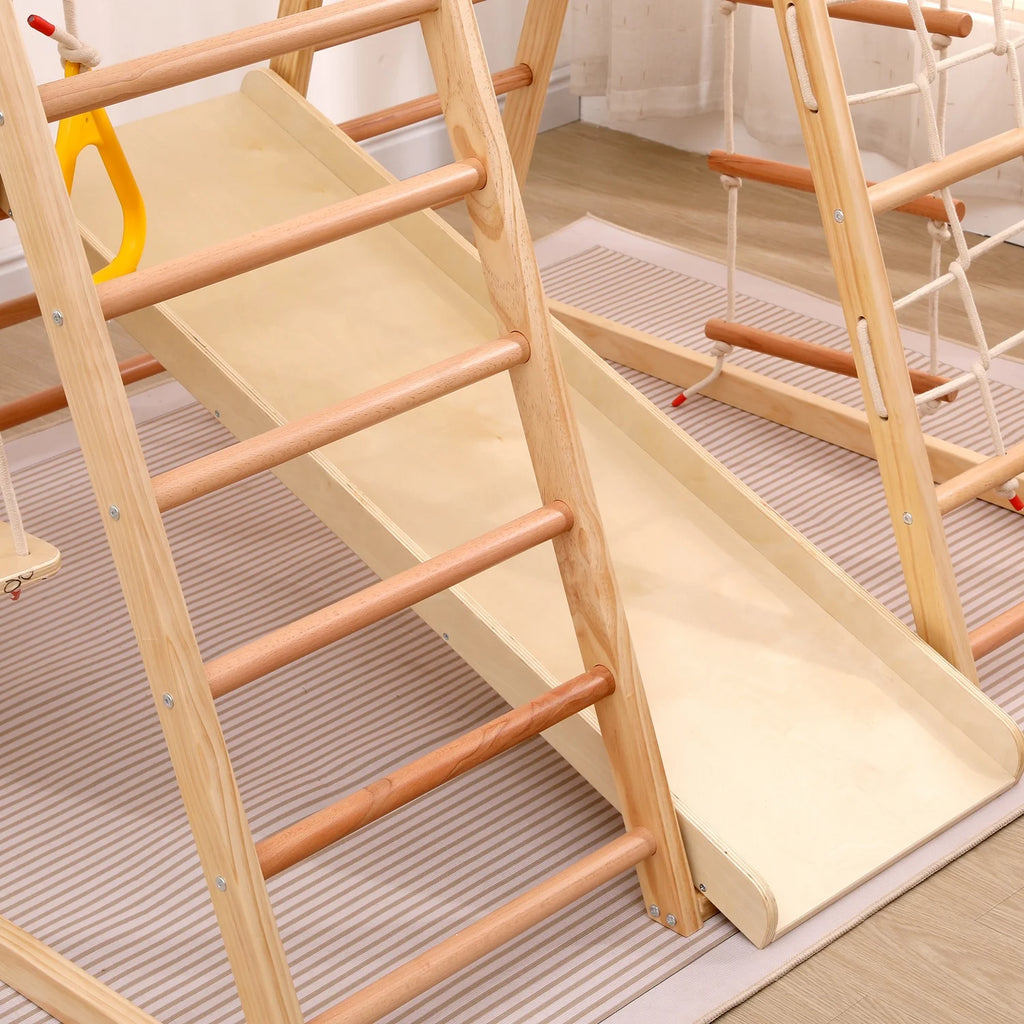 7-in-1 Multifunktionales Klettergerüst aus Holz mit Rutsche und Schaukel, Kletterleiter/Netz/Steinen, Indoor-Spielplatzspielzeug für Kinder ab 3 Jahren