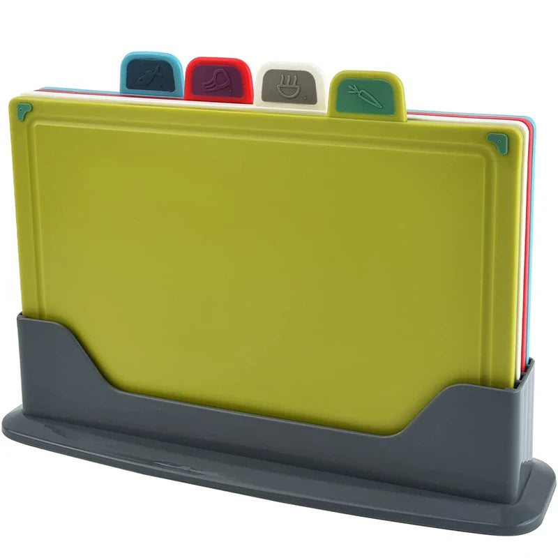 LMETJMA 4-teiliges, farbcodiertes Kunststoff-Schneidebrett-Set mit Aufbewahrungsständer, dickeres Schneidebrett-Set, rutschfestes Design, JT114