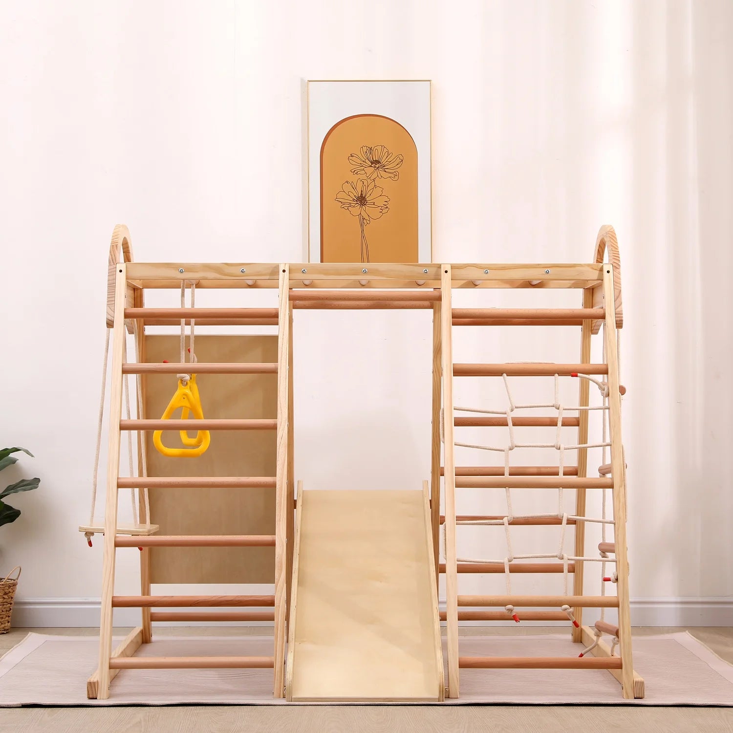 7-in-1 Multifunktionales Klettergerüst aus Holz mit Rutsche und Schaukel, Kletterleiter/Netz/Steinen, Indoor-Spielplatzspielzeug für Kinder ab 3 Jahren