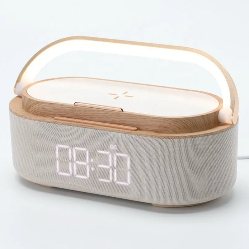 Digitales Weckerradio mit Bluetooth-Lautsprecher, 15 W kabelloses Ladegerät, zwei kabellosen Lautsprecher, einstellbarer lauter Alarmton