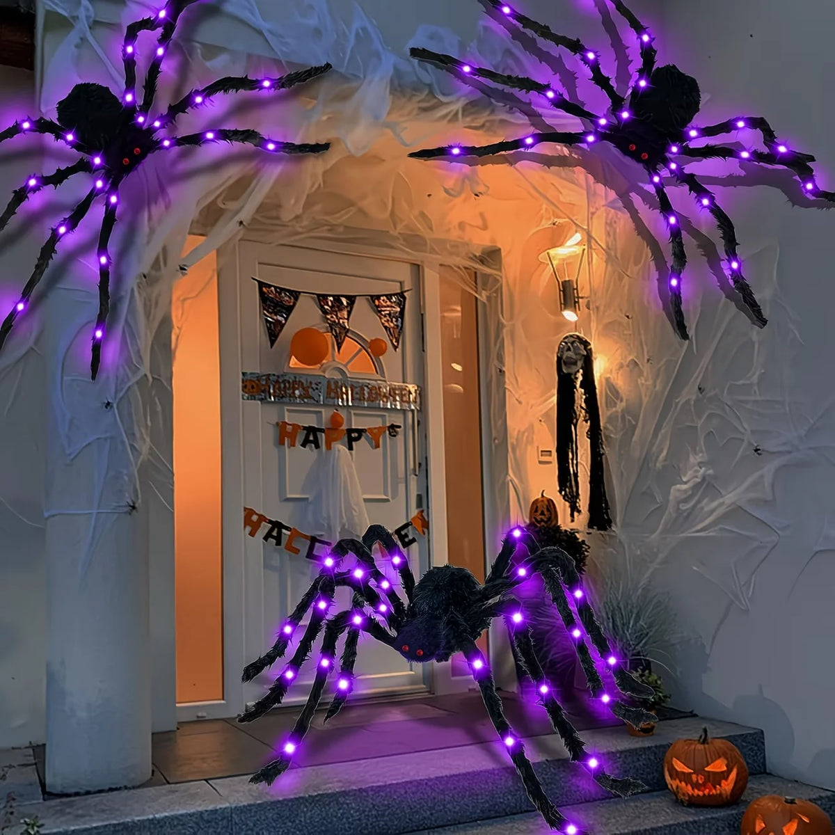 Halloween Riesige Leuchtende Plüsch-Spinne – Lila LED, 8 Modi, Innen & Außen
