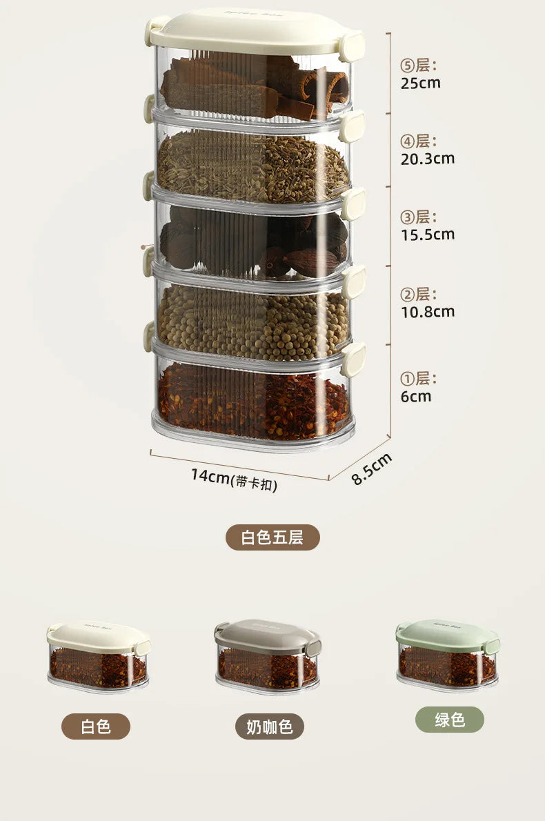 Mehrschichtige Gewürz-Aufbewahrungsbox, tragbar, kleine All-In-One-Zange, Küche, transparente Gewürze, Bohnen, Nüsse, Körner, Vorratsgläser