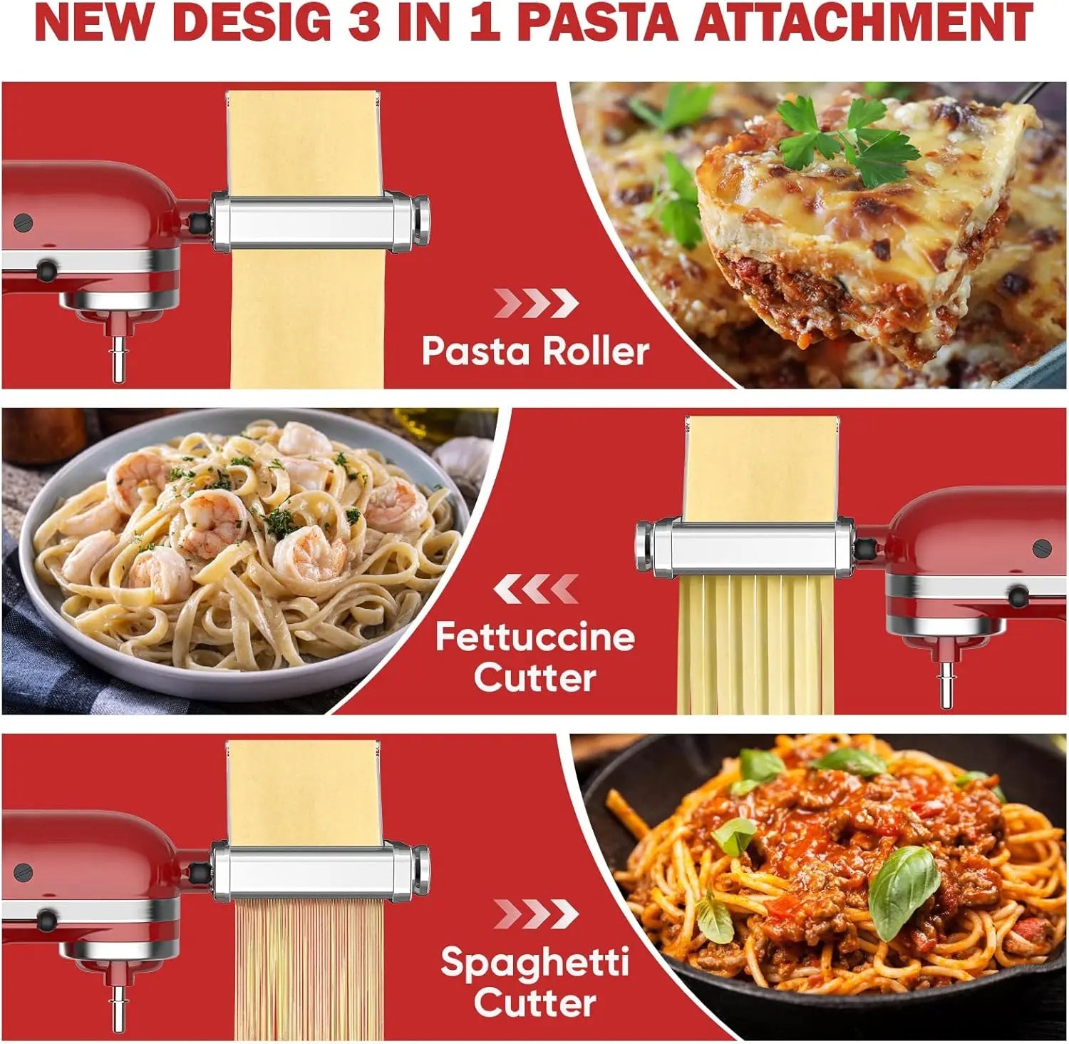 3-in-1-Nudelaufsatz für Kitchenaid-Standmixer, komplett aus Metall, Nudelmaschine, Kitchenaid-Aufsatz, Nudelblatt-Rolle, Spaghetti