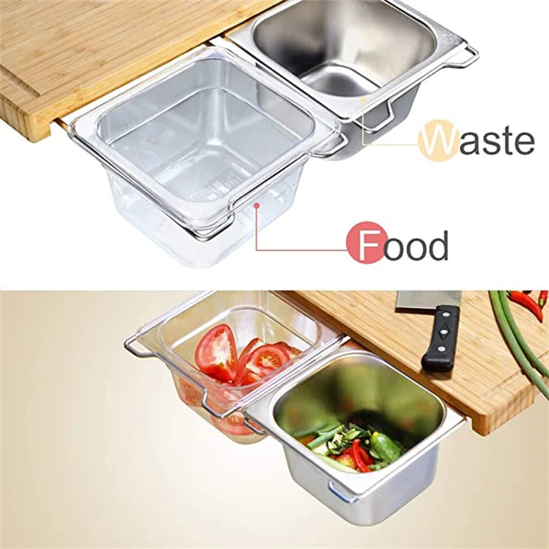 2025 erweiterbares Bambus-Schneidebrett-Set mit Tabletts und Box für die Küche, Saft-Trog, Schneidebrett-Werkzeuge, die gehackte Lebensmittel aufbewahren