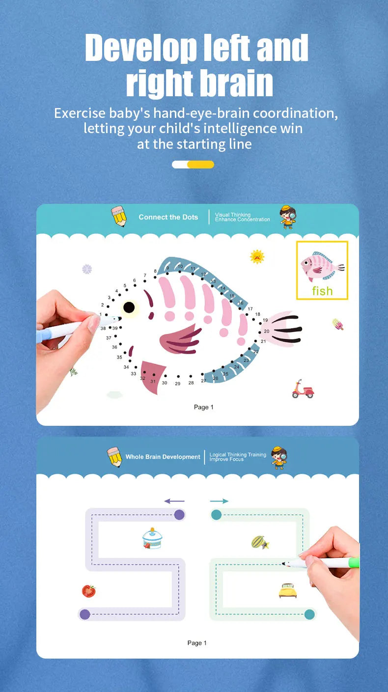 Wiederverwendbares Kinder-Arbeitsbuch-Set mit 34 Seiten und löschbarem Stift – Frühes Lernen der Entwicklung von Schreib- und Zeichenfähigkeiten, Lehrbücher für das Stiftkontrolltraining, innovatives Lernen – perfekt