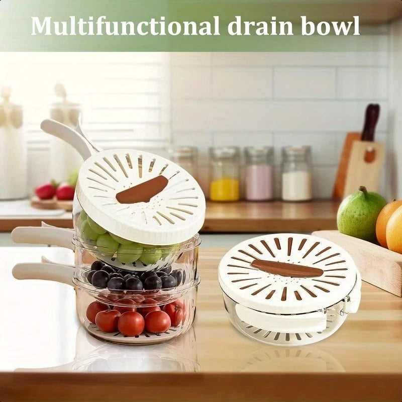 Multifunktionaler Abflusskorb für Obst und Gemüse, Waschsieb, Korb mit Deckel, Lebensmittelfrisch, Organizer, Aufbewahrungsbox, Küchenhelfer