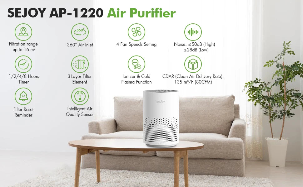 Echter HEPA-Luftreiniger, Hepa-Filter, 4 Geschwindigkeiten, Timer, Ionisator, Kaltplasma 360 °   Lufteinlass: 99,9 % Entfernungsrate für Schlafzimmer im Innenbereich
