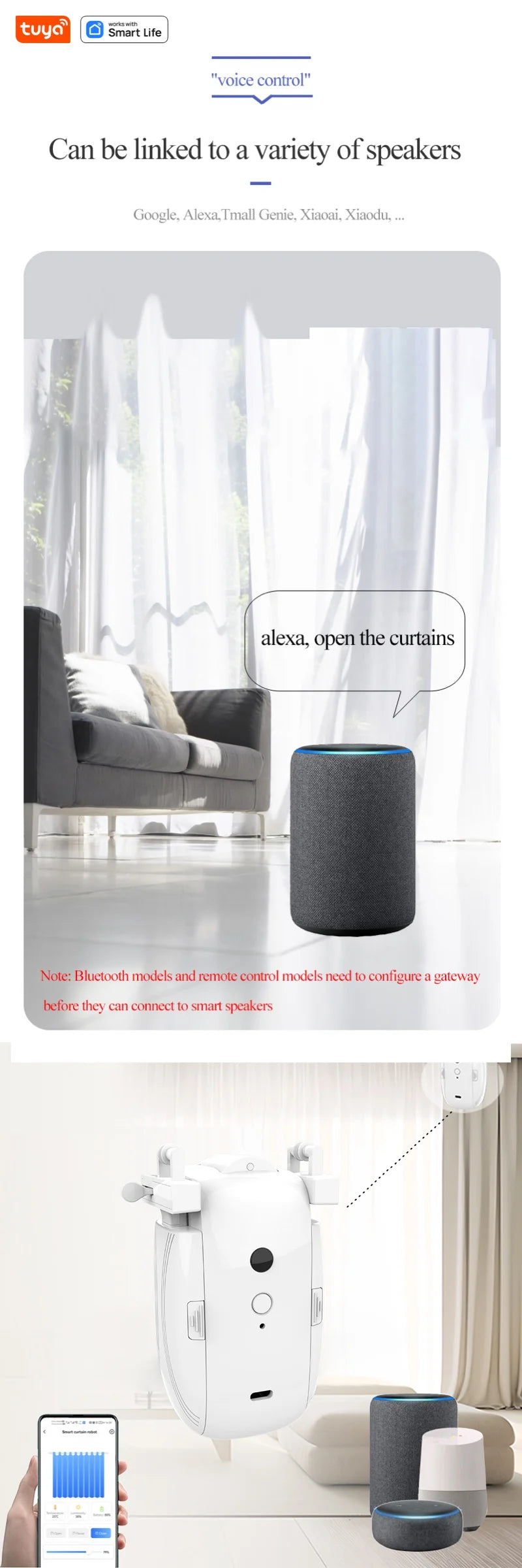 Tuya Smart WiFi Vorhangroboter (mit Gateway), APP-Fernbedienung, Sprachsteuerung, inklusive Zubehör für T/U-Vorhangschienen