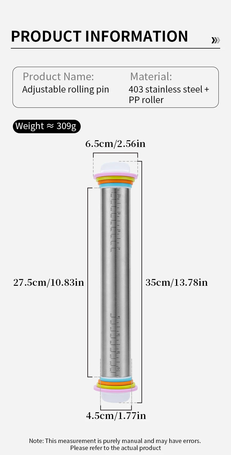 13,78 Zoll verstellbarer Nudelholz aus Edelstahl mit 4 abnehmbaren Ringen, Teigroller für Pizza-Keks-Backwerkzeuge