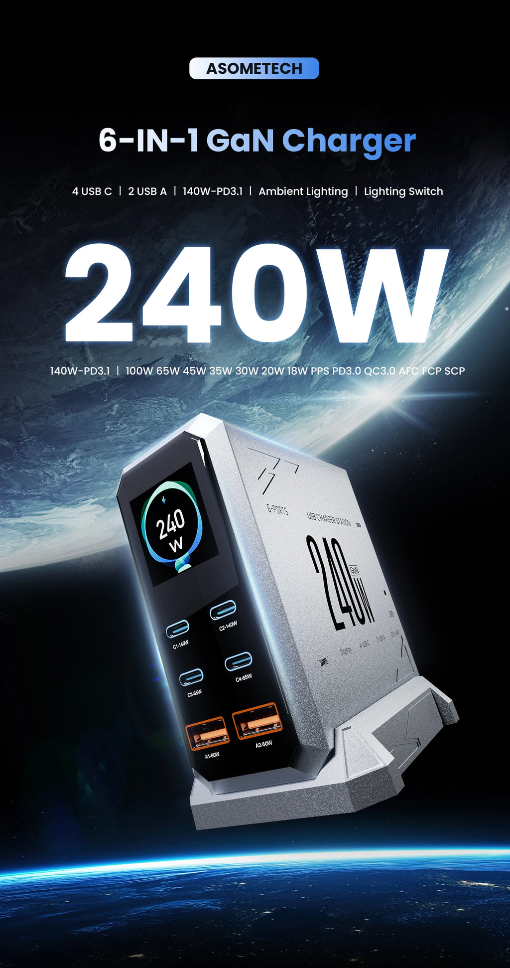 240 W GaN Ladegerät PD3.1 140 W USB Typ C 6 Ports PPS PD Desktop Schnellladestation für MacBook Laptops Tablet iPhone Samsung