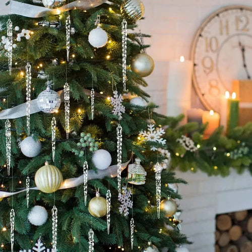 24 Stück klare Eiszapfen-Girlande – elegante hängende Eissäulen, schwere Drop-Dekorationen in verschiedenen Größen für Weihnachtsbaum, Weihnachtsgeschenke