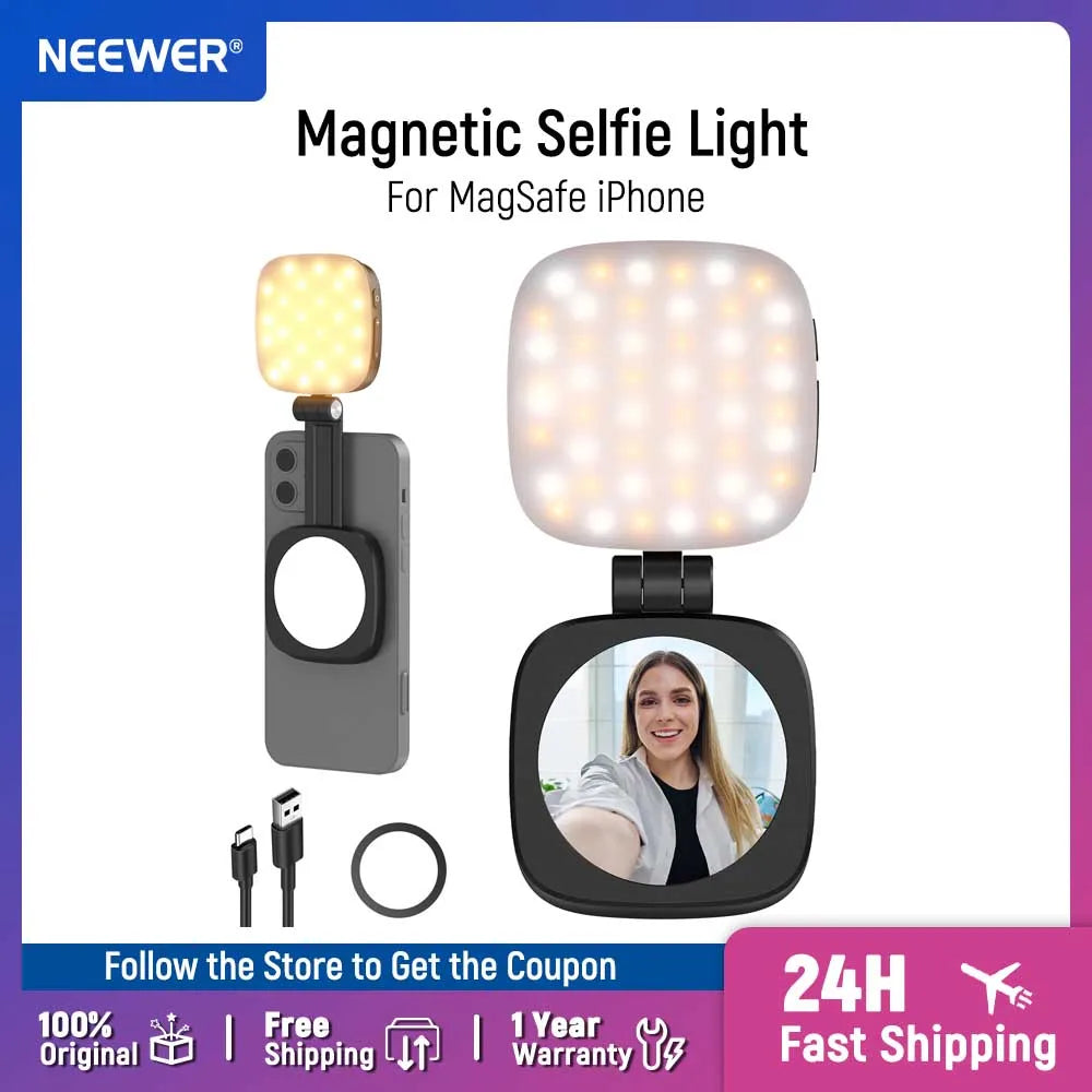 NEEWER BASICS Lumière Selfie Magnétique pour MagSafe iPhone, CRI95 700lx/0.3 Anneau d'Éclairage LED Pliable pour Téléphone avec Miroir pour Maquillage