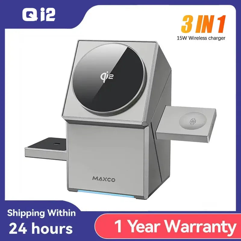 Qi2 3-in-1 Wireless Ladestation 15W – Magnetisch, für iPhone, Apple Watch & AirPods, CE