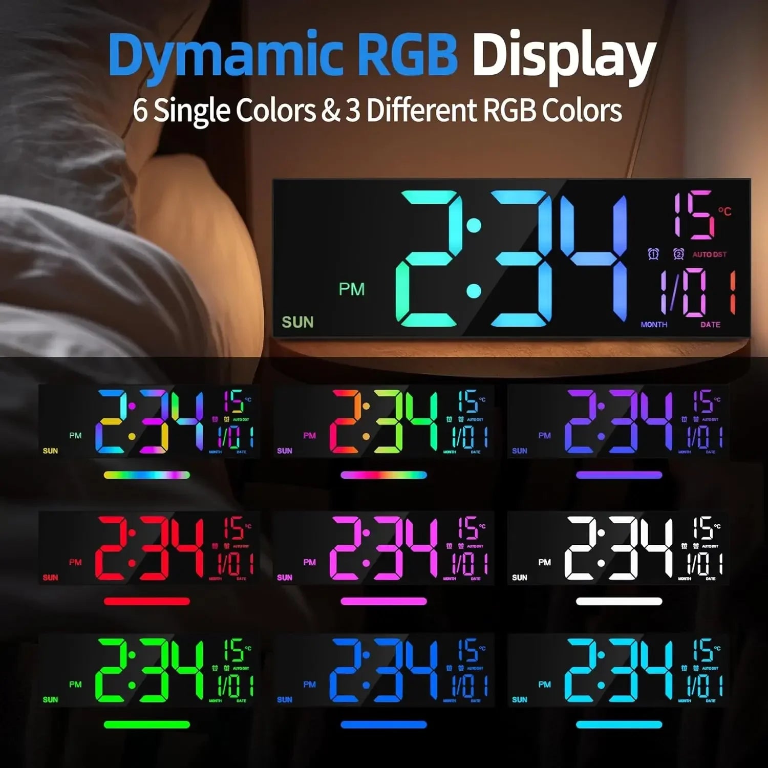 Große digitale Wanduhr mit Fernbedienung, Doppelalarm, großem LED-Display, 8 RGB-Farben
