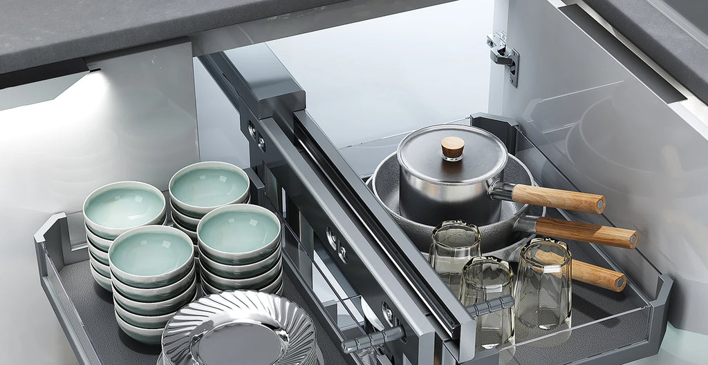 Eckkorb, Küchenschrank, komplett ausziehbar, Aufbewahrungsregal mit zwei Schubladen, Eckkorb