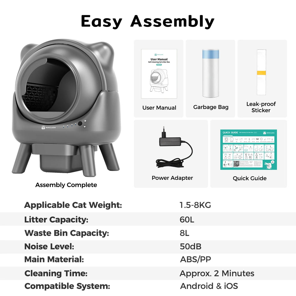 Amicura Cura X1 Automatische Katzentoilette, selbstreinigend, mit App-Steuerung, Sicherheitssensor, leicht zu reinigendes elektrisches Katzentoilett