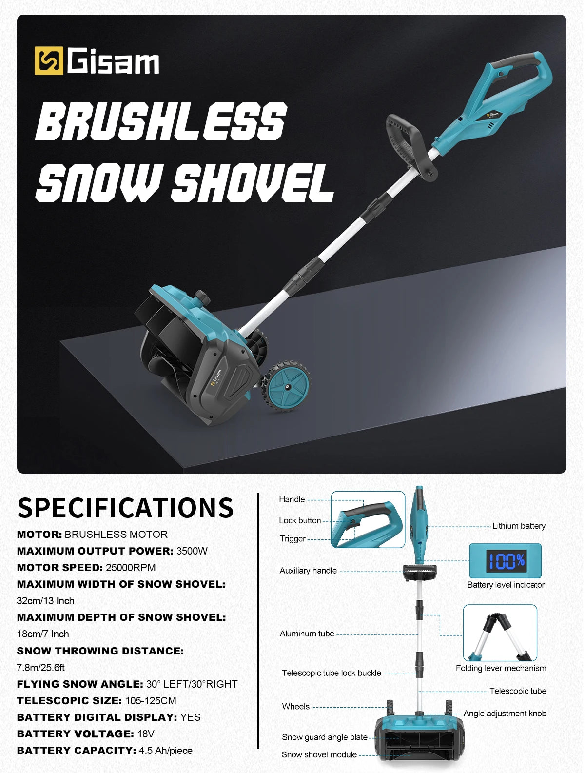 Gisam Akku-Schneepflug, bürstenlos, 33 cm Arbeitsbreite, kabellos, für Straßen und Höfe, kompatibel mit Makita 18V Akkus