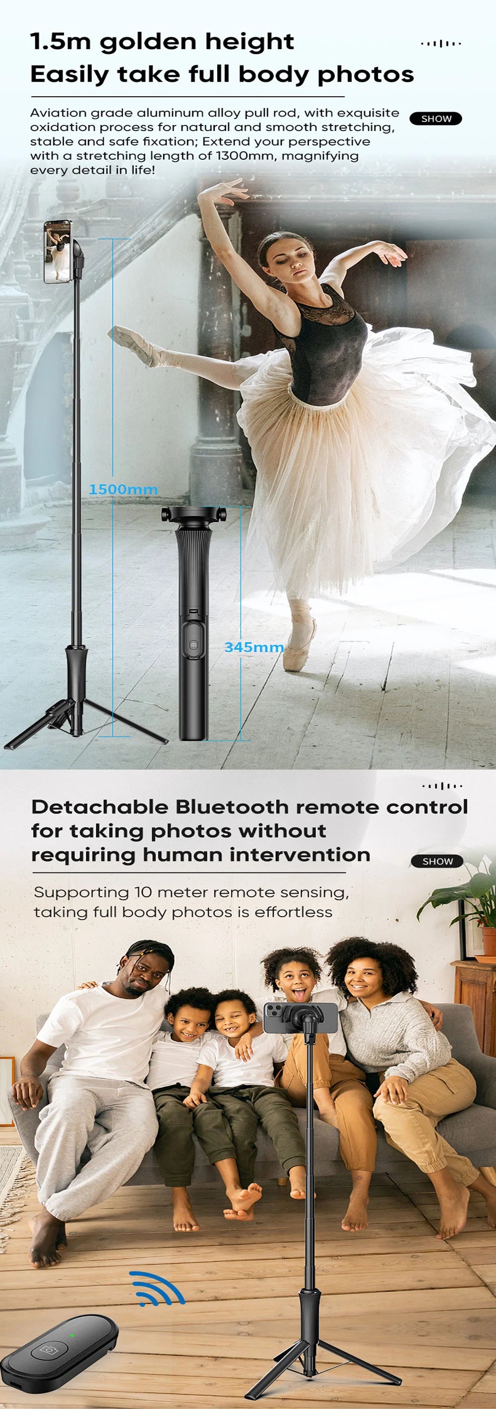 VRIG Magnetisches Selfie Stick Stativ – 1,5m, MagSafe, Bluetooth-Fernbedienung | iPhone & Android