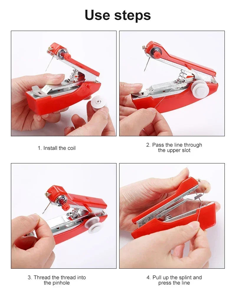Edieu Mini-Nähmaschine tragbar – Handgerät, Metall, für Stoff & Leder, mit Fadenset