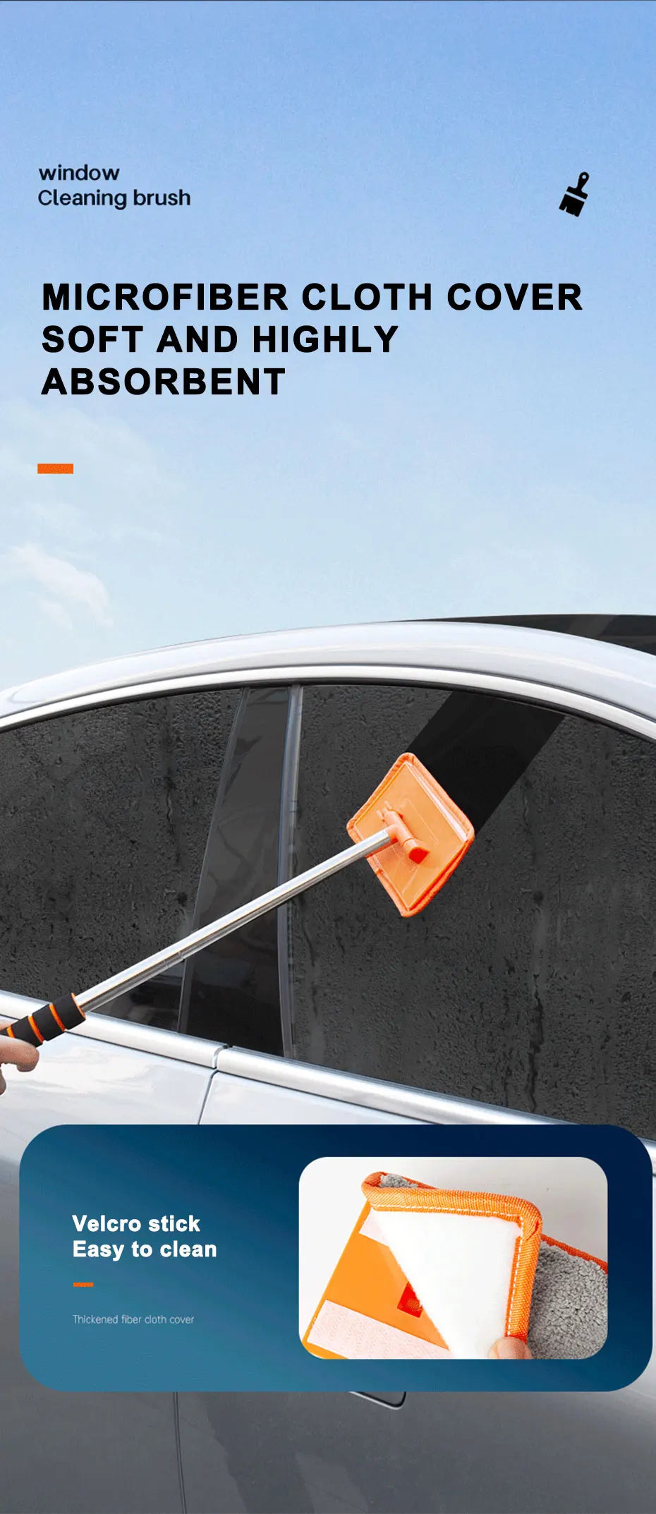 SEAMETAL Auto-Windschutzscheiben-Reinigungsbürste, Fensterglas, sauberer Wischer, skalierbarer langer Griff, kratzfrei, weiches Waschtuch, Waschwerkzeug