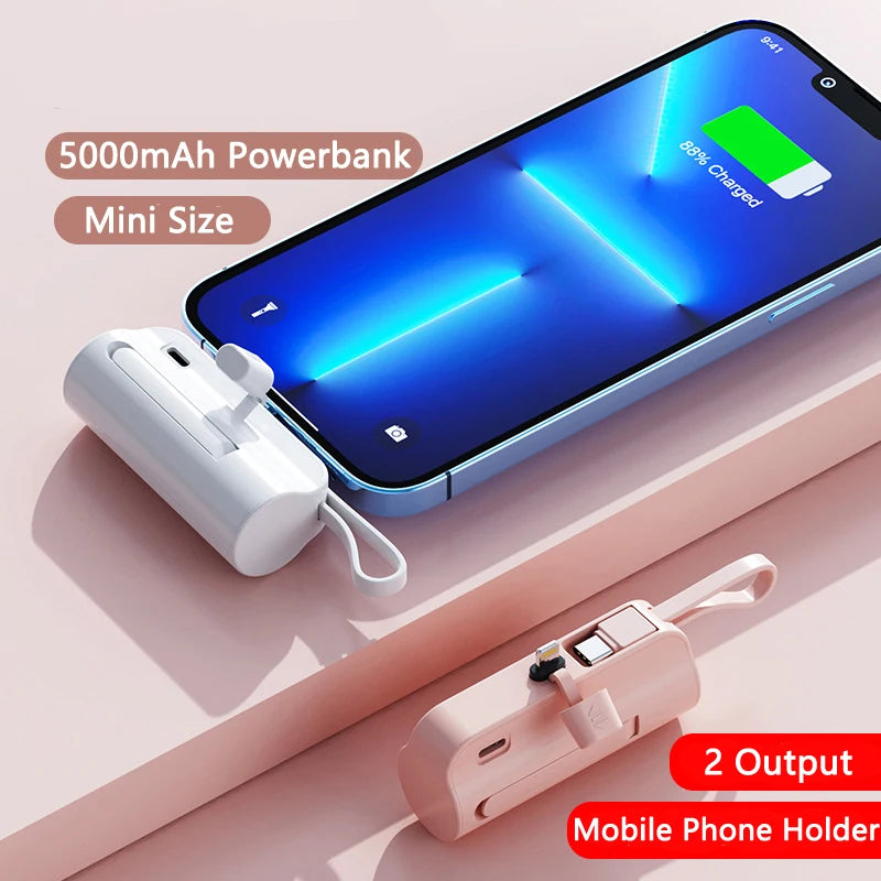 5000 mAh Kapsel Mini Power Bank für iPhone 14 Samsung Huawei Xiaomi Tragbares Ladegerät Powerbank mit Telefonhalter Ersatzakku