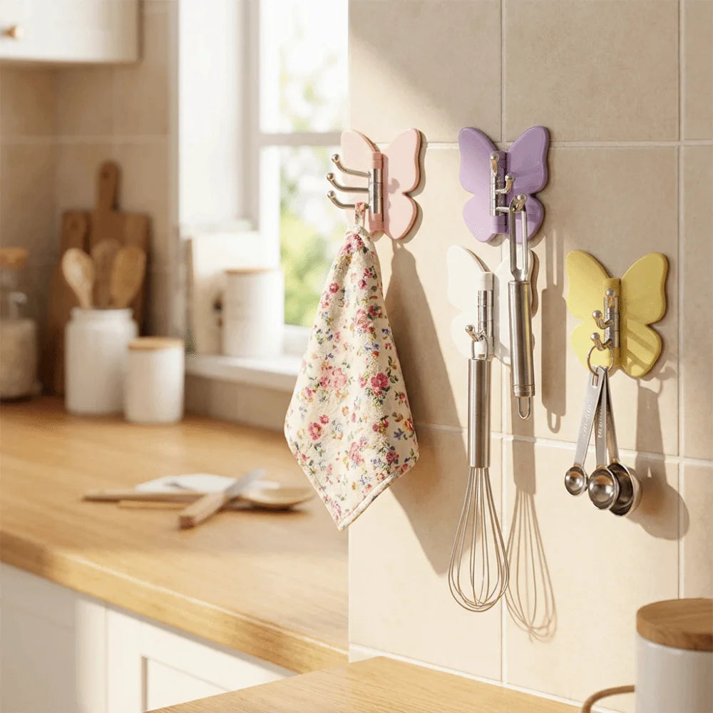 Schmetterlings-Wandhaken 4er-Set – Drehbar, Selbstklebend, Dekorativ | Rosa, Lila, Weiß, Gelb & Bunt
