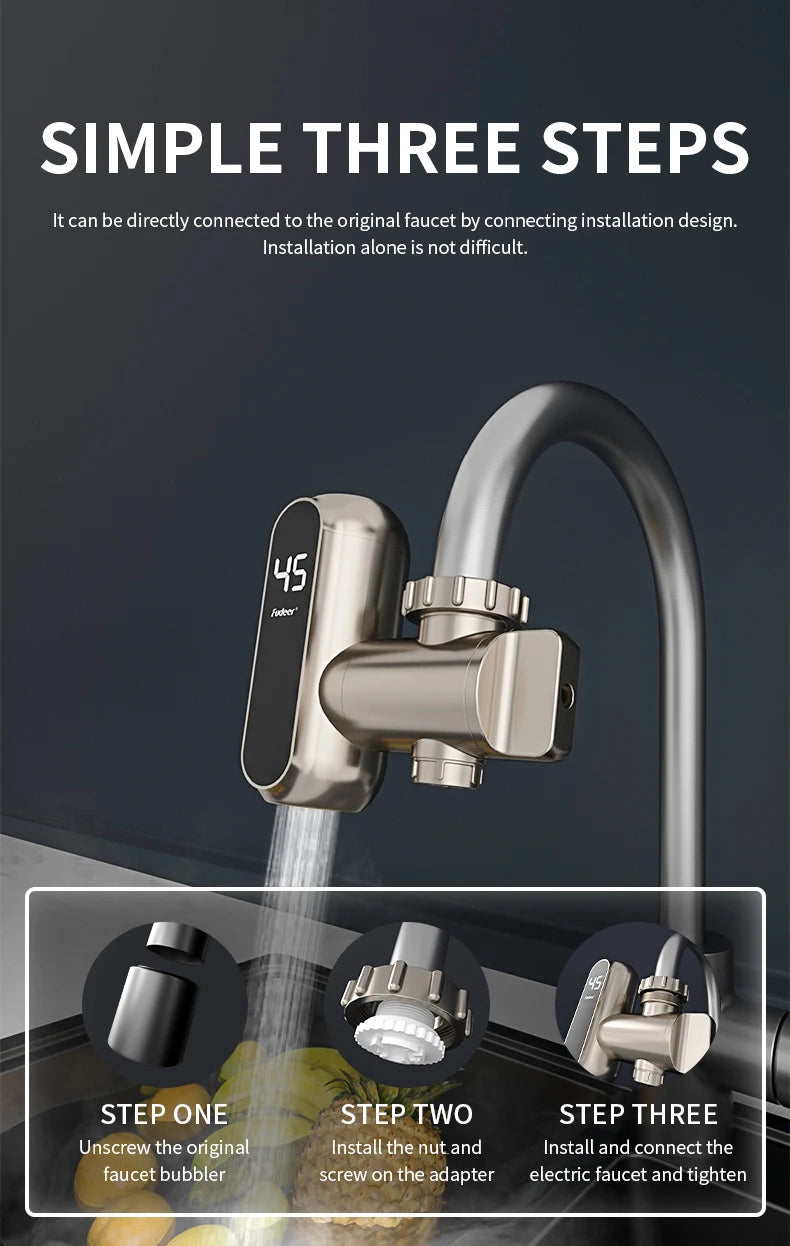 Fudeer 3400 W 220 V Elektrische Küche Warmwasserbereiter Wasserhahn Instant Hot Edelstahl Wasserhahn Heizung Kaltheizung Wasserhahn