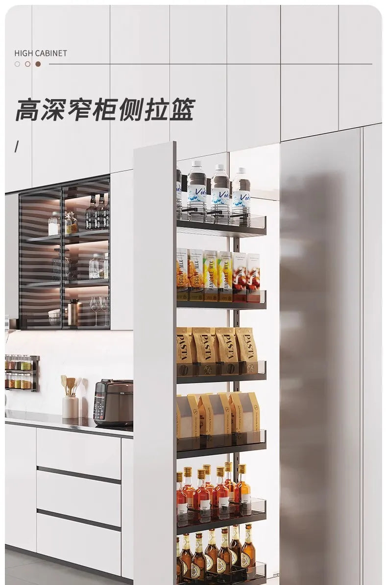 Seitlicher Zugkorb mit hohem Schrank, Kühlschrank-Fugenregal, extrem schmaler Snack-Schrank, Schublade, tiefe Küche, schmale Schränke