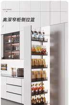 Seitlicher Zugkorb mit hohem Schrank, Kühlschrank-Fugenregal, extrem schmaler Snack-Schrank, Schublade, tiefe Küche, schmale Schränke