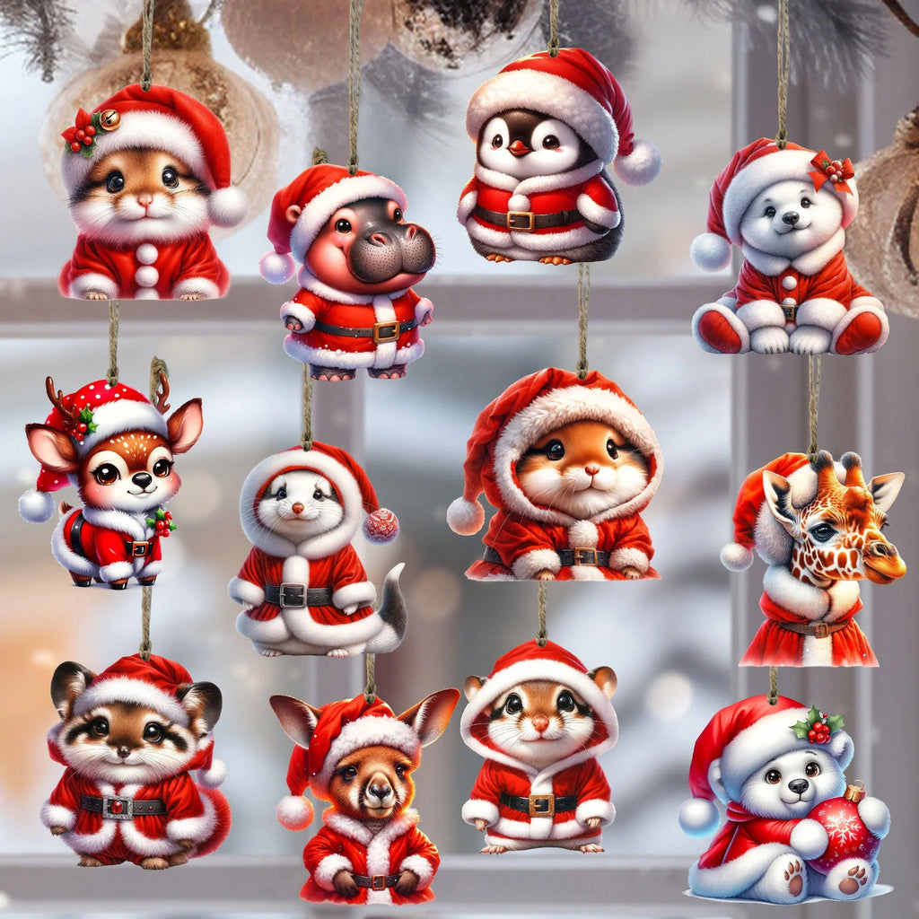 12 Stück Weihnachtsschmuck aus Holz, handgefertigte Weihnachtsmann-Tierbaumschmuck, hängende Charms für Weihnachtsferien