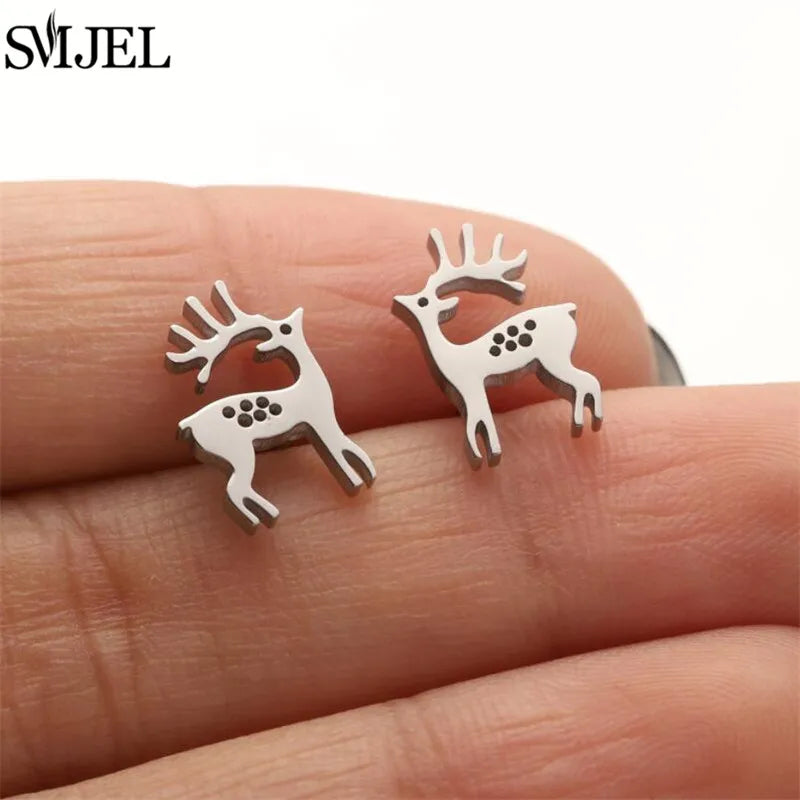 SMJEL Niedliche Tier-Hirsch-Ohrstecker, kleine Lebkuchenmann-Schneeflocken-Ohrringe für Mädchen, Edelstahl, Weihnachtsschmuck, Brincos