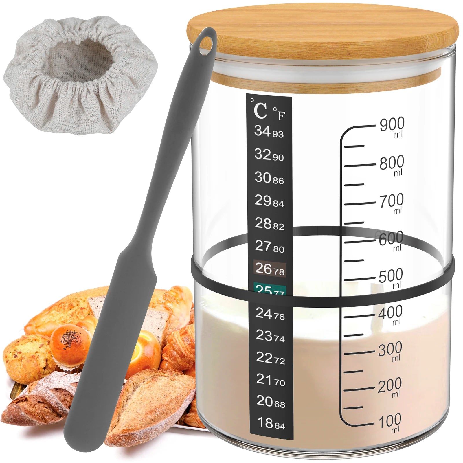 900 ml Sauerteig-Starterglas-Set, klares Glas, hitzebeständig, Sauerteig-Starterbehälter, Backen, Gärglas, Lebensmittelaufbewahrung