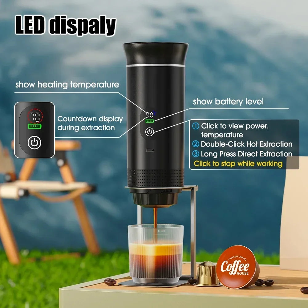 Foombthe Tragbare Espressomaschine mit Digitalanzeige, 3-in-1-Kapselkaffeemaschine für Auto und Zuhause, Camping-Kaffeemaschine